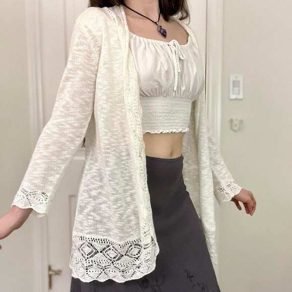 Vintage Y2K Fairy White Crochet Lace Open Front Knit Cardigan Sweater Size M 🦢 - Picture 1 of 9
